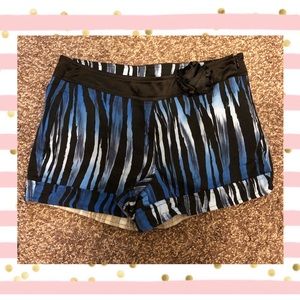 Black, white and blue zebra style striped shorts